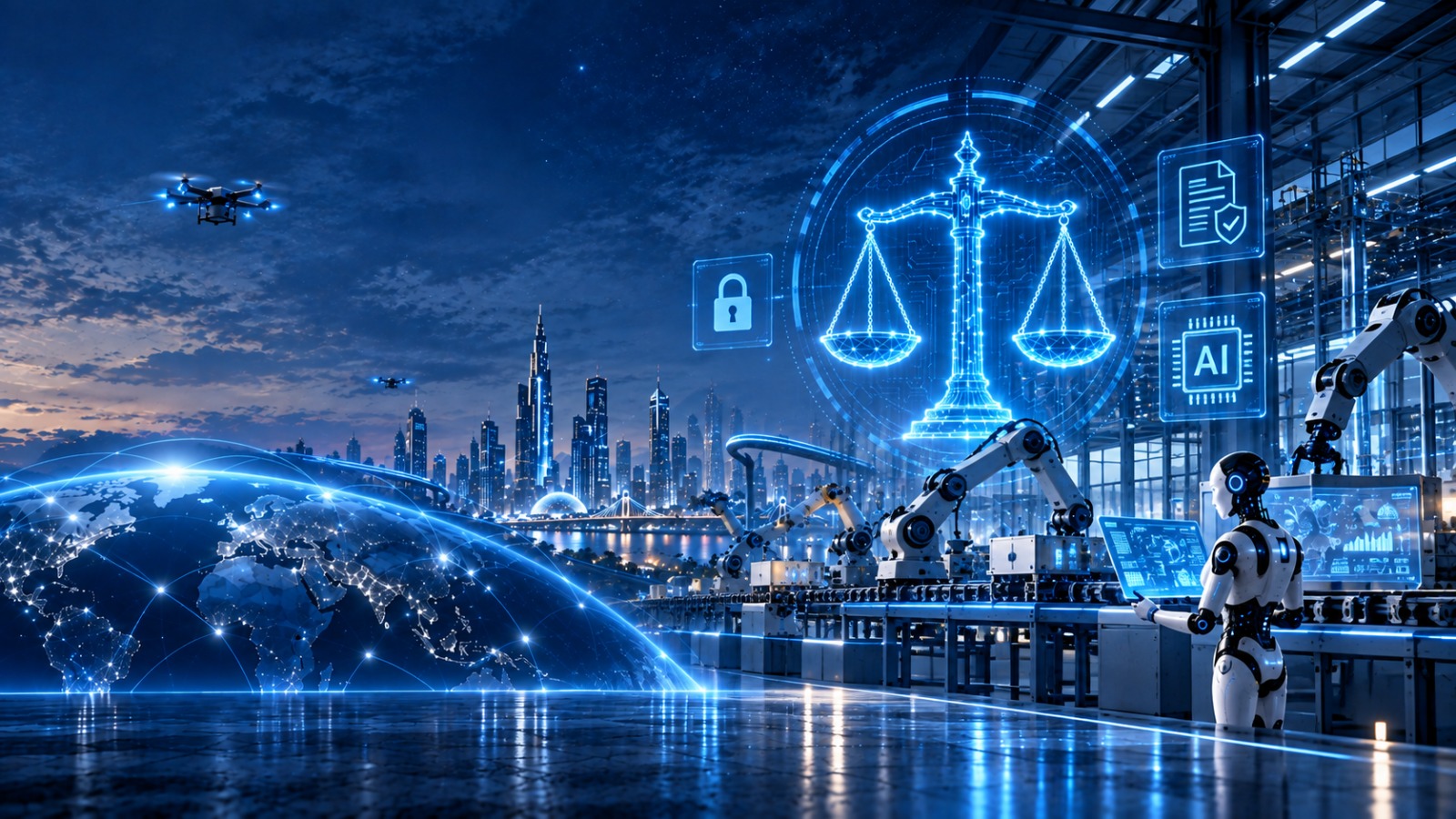 Scales of justice over a connected world of AI, robotics, and smart cities